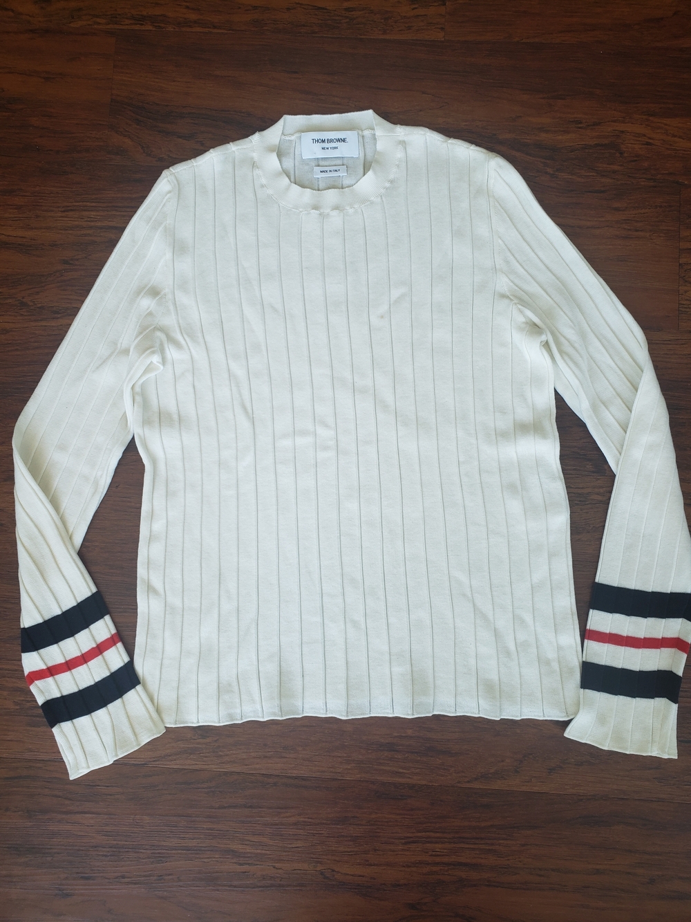 Thom Browne Women's Cream Ribbed Crewneck Sweater Size 44 Quiet Luxury Flawed